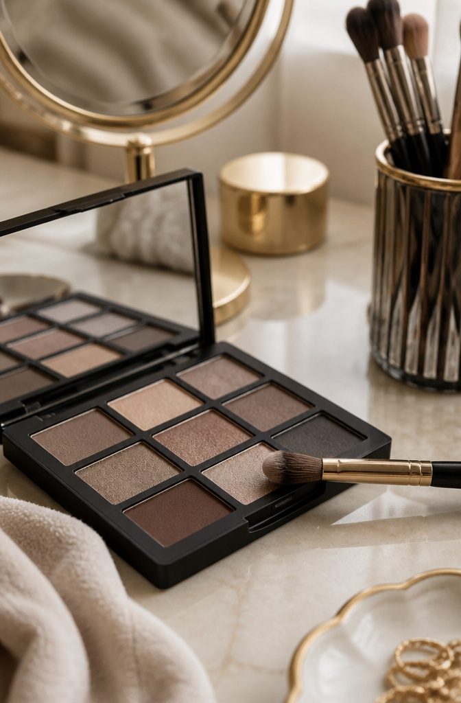 A makeup palette with a light to mid-toned shadow applied to an eyelid.