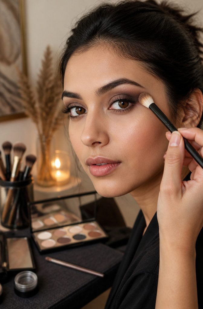 A model's eye with a fluffy brush blending the edges of the eyeshadow.