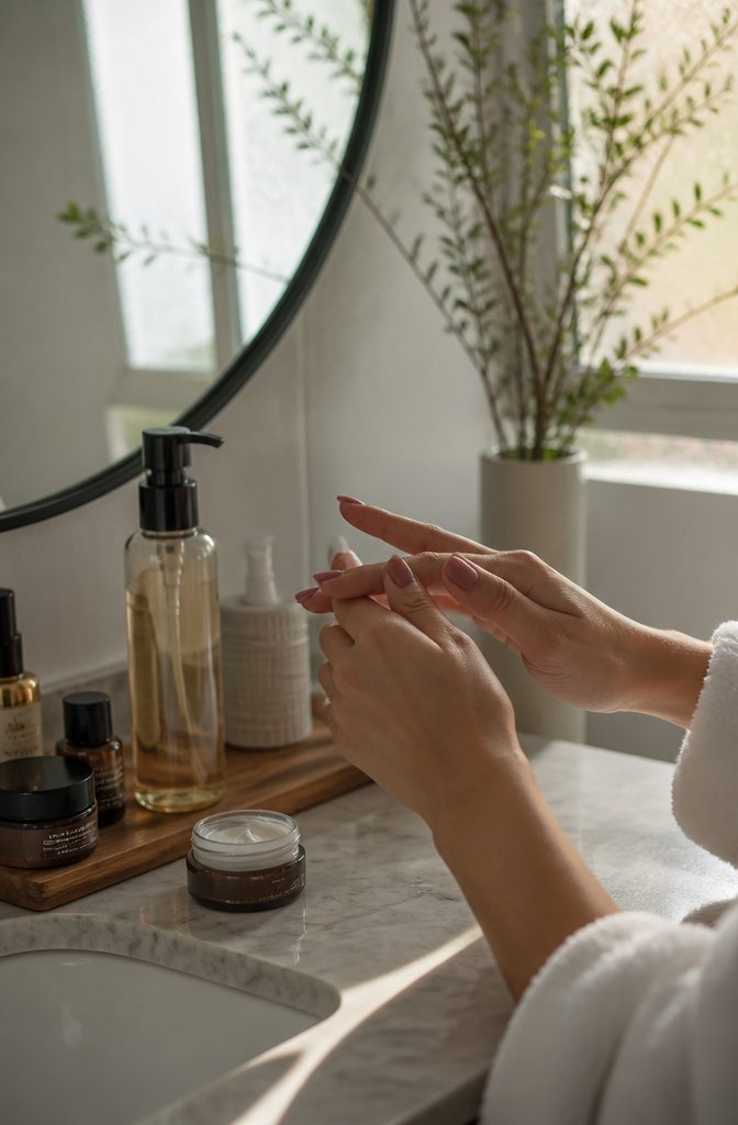 A bathroom countertop with skincare products including a cleanser and eye cream.