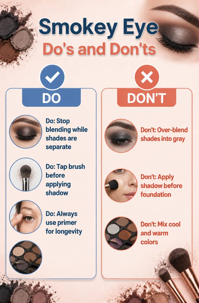 An infographic illustrating do's and don'ts for creating a smokey eye.