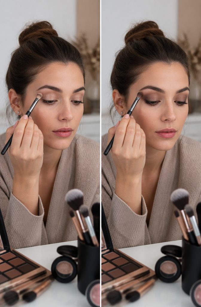 A blending brush applying darker shadow into the crease of an eyelid.