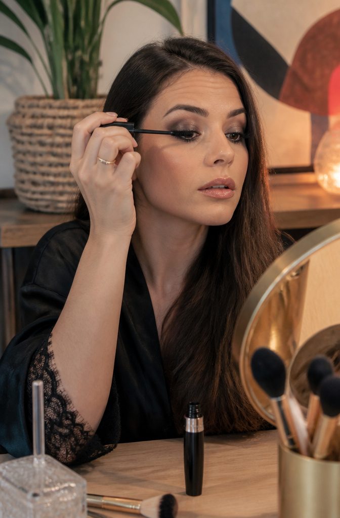A model applying mascara to her upper lashes in a vibrant dressing area.