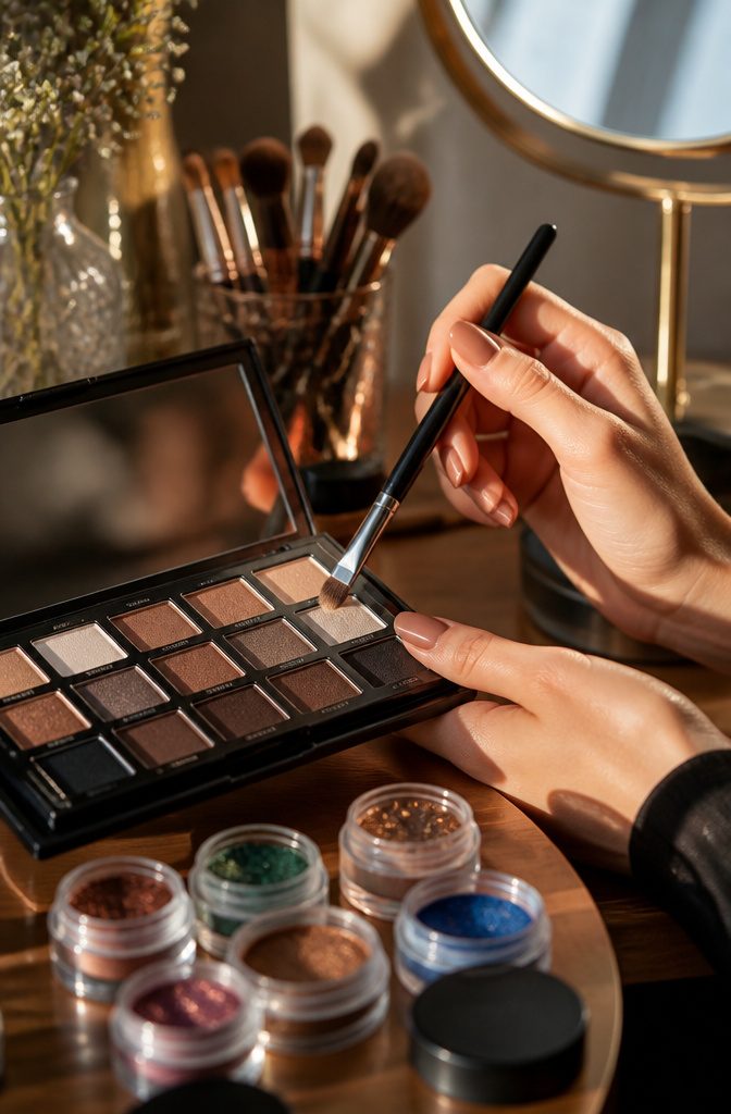 A model's hand applies lighter shadow to the inner corner of an eye.