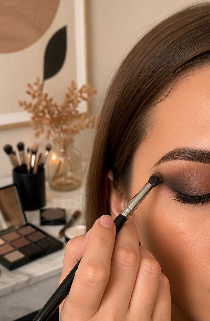 A blending brush diffuses dark shadow on the outer corner of an eye.