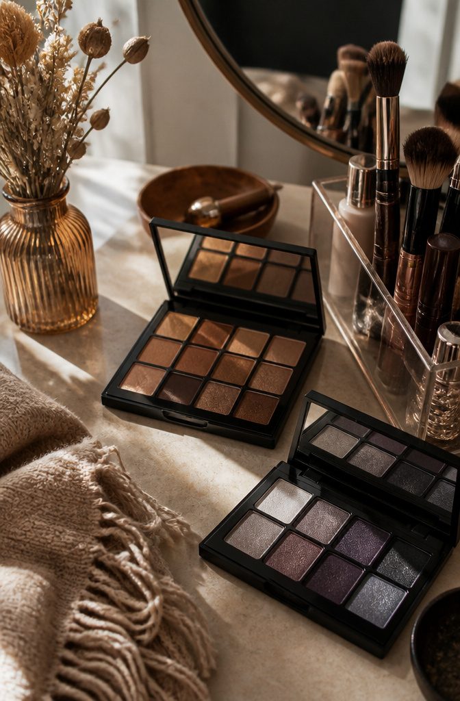 A makeup area showing seasonal products for different smokey eye looks.
