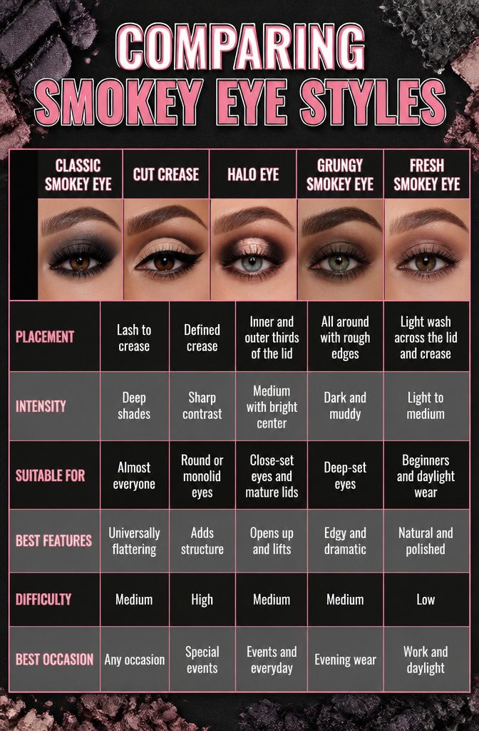 An information graphic comparing various styles of smokey eye makeup.