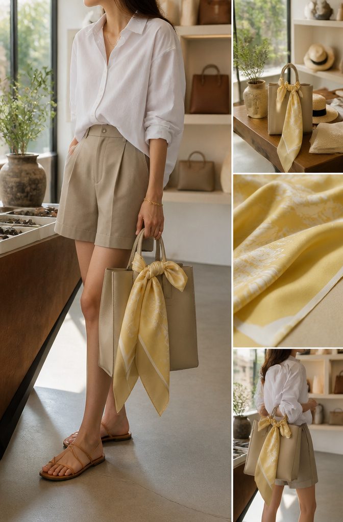 Model with a silk scarf tied around a tote bag and wearing a hat.