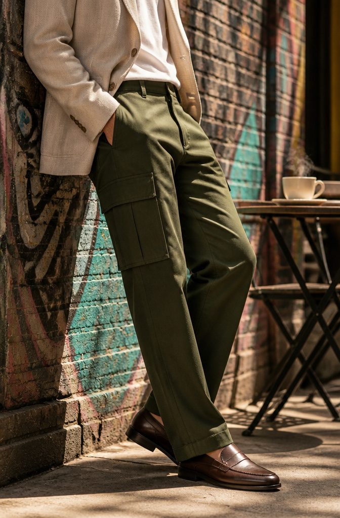 A model wearing relaxed-fit cargo pants in olive green.