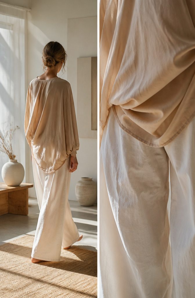 Model wearing loose-fitting clothing made from soft, flowing fabrics.