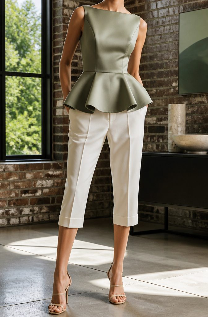 Model in an architectural peplum top paired with tailored trousers.