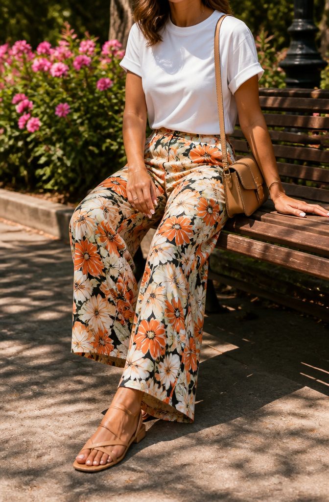 Model wearing wide-leg pants with a bold floral print and a white shirt.