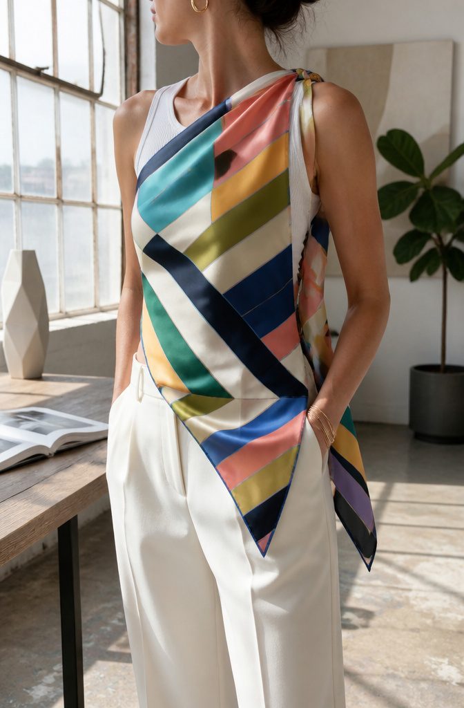 Model draped in a multicolored silk scarf styled as a top.