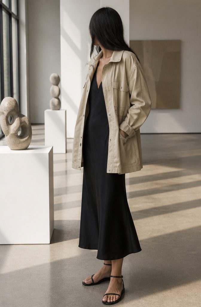 Model in a utility outfit featuring a field jacket over a slip dress.