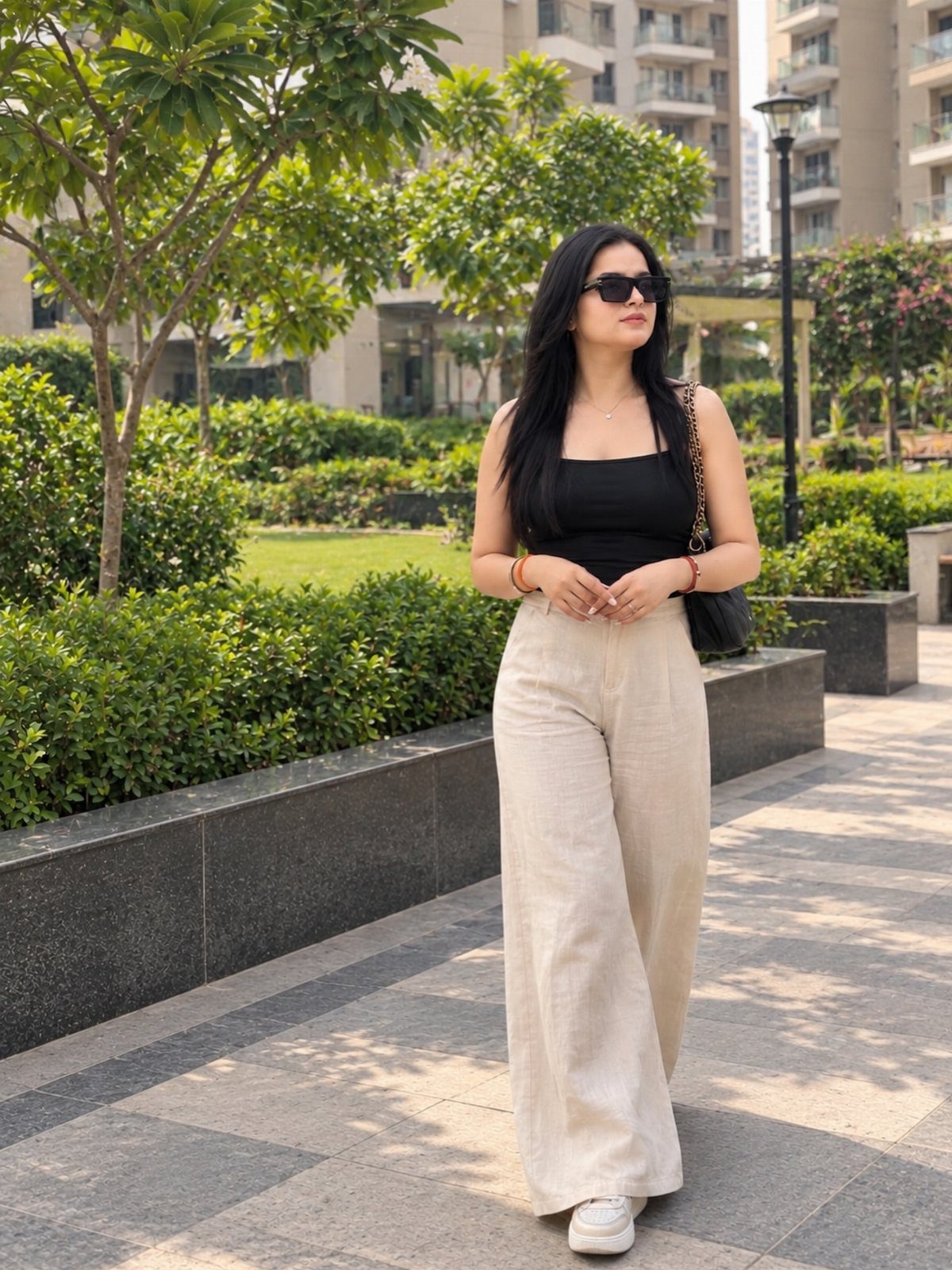 Tan Linen Pants Outfit Ideas for Women: 11 Looks to Try 10 Woman wearing a black top and wide-leg tan linen pants on a sunny walkway.