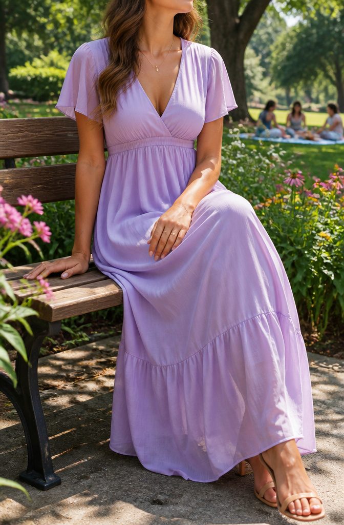Type of Dresses for Body Type: A Guide to Flattering Fits 6 A model in an empire waist dress suitable for an apple shape.
