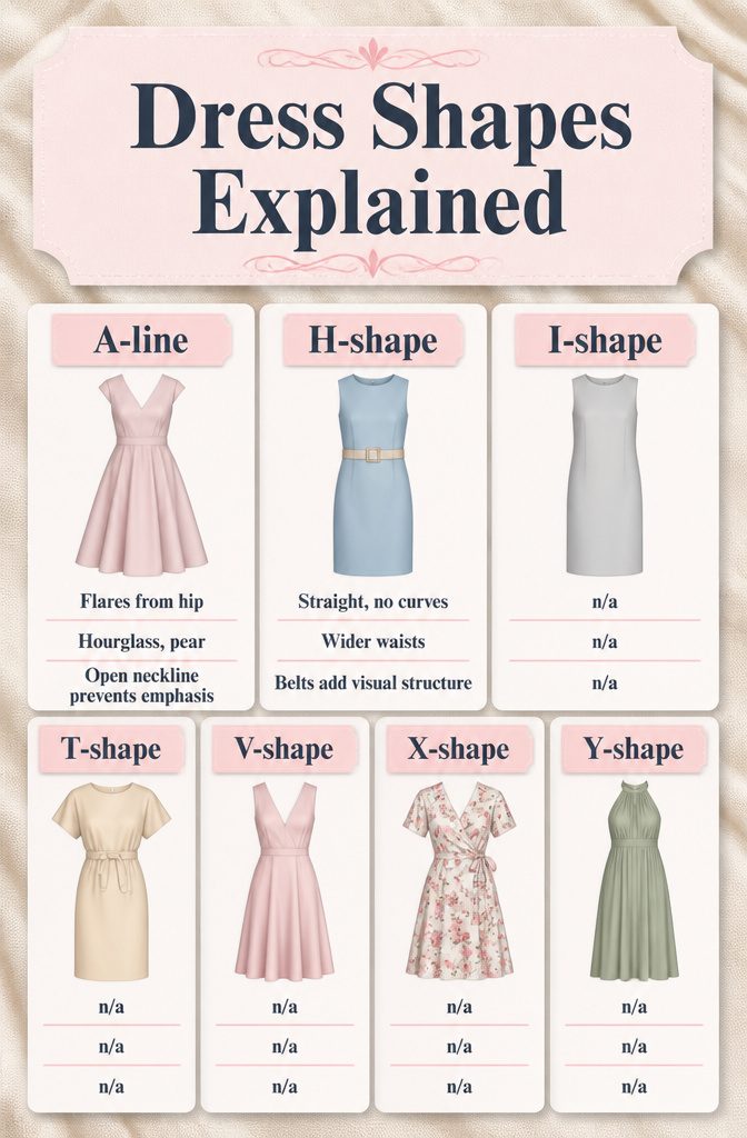 Type of Dresses for Body Type: A Guide to Flattering Fits 11 Diagram explaining different dress shapes and their benefits.