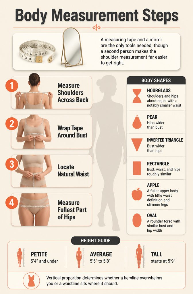 Type of Dresses for Body Type: A Guide to Flattering Fits 9 Instructions on how to measure body dimensions for dress fitting.