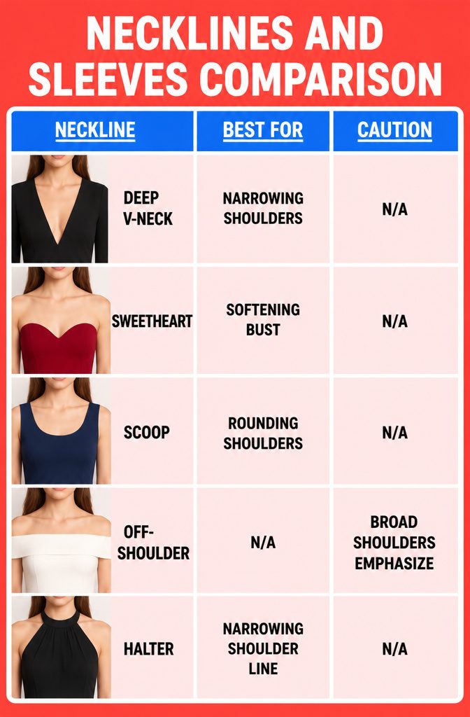 Type of Dresses for Body Type: A Guide to Flattering Fits 10 Chart showing various necklines and sleeves suitable for body types.