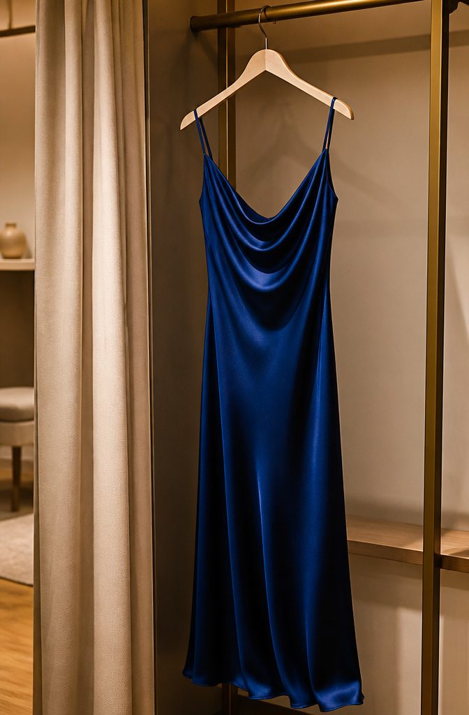 A deep blue silk cowl neck dress hanging on a hanger.