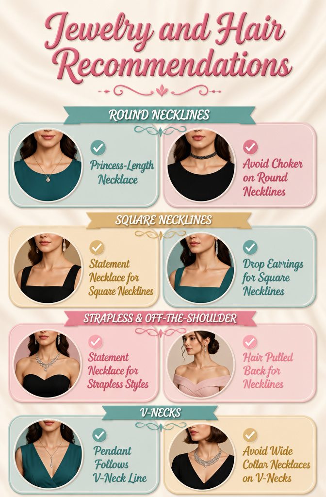 An information graphic on jewelry and hair recommendations for necklines.