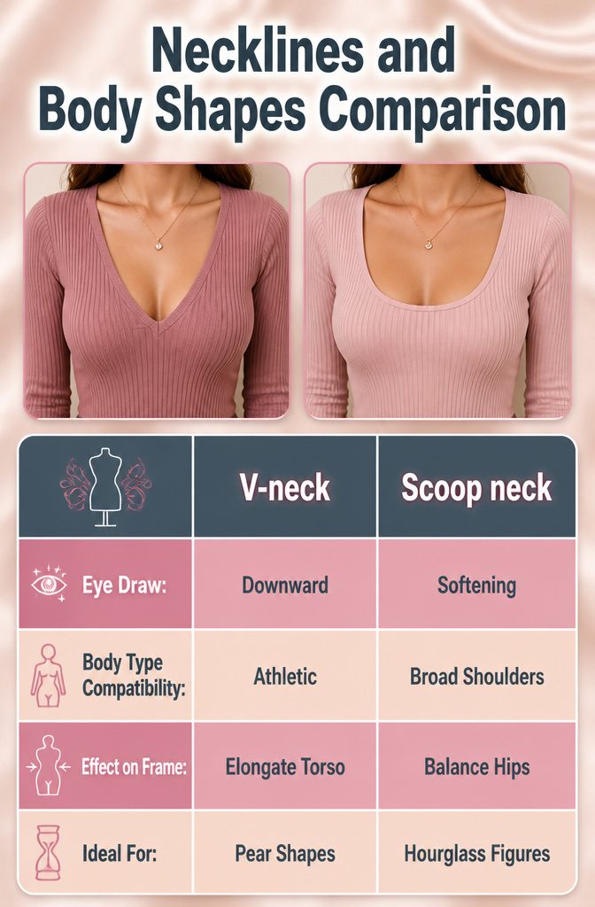 An information graphic comparing necklines and body shapes.
