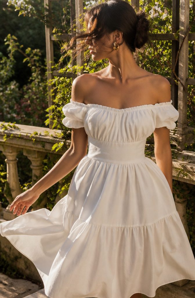 A model in a dress with an off-the-shoulder neckline.