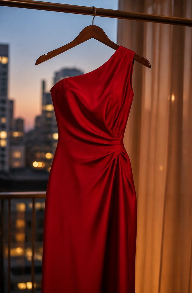 A model in a one-shoulder dress highlighting a bare shoulder.