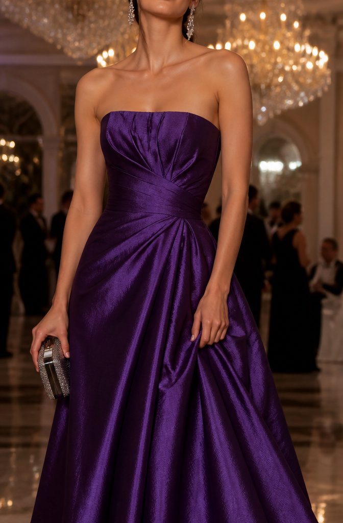 A model wearing a strapless dress with a fitted bodice.