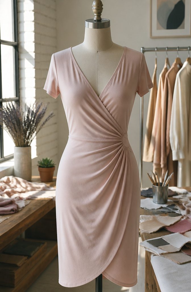 A lightweight jersey dress with a surplice neckline on a dress form.