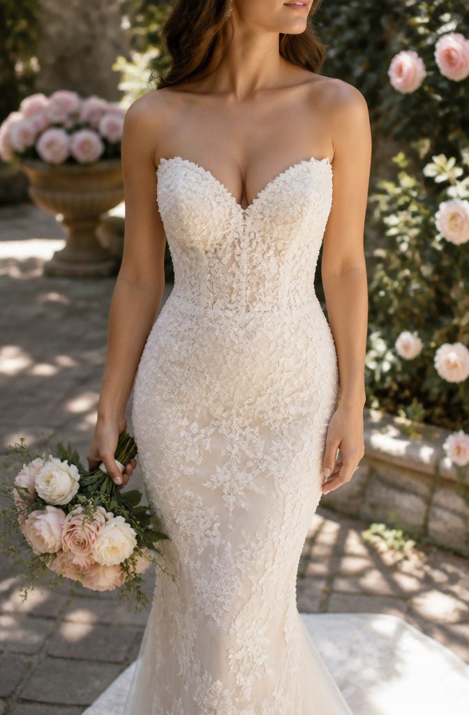 A woman in a lace gown with a sweetheart neckline.