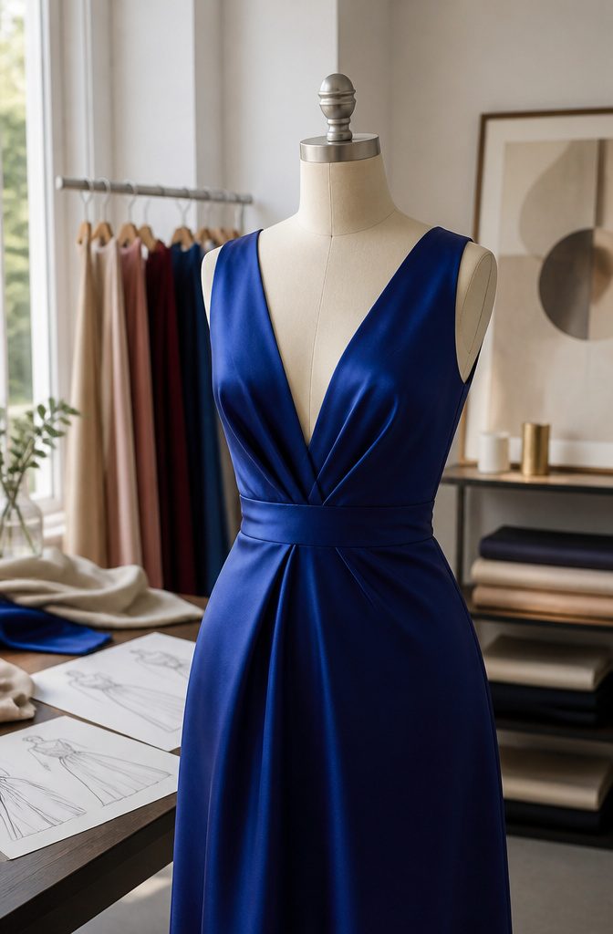 A stunning royal blue satin V-neck dress displayed on a mannequin.