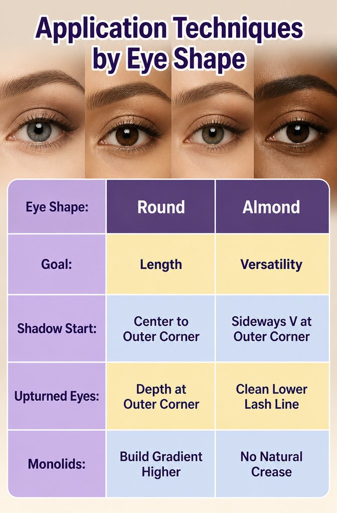 19 Unique Eyeshadow Looks and Styles for 2026 21 Illustration of application techniques by eye shape for makeup.