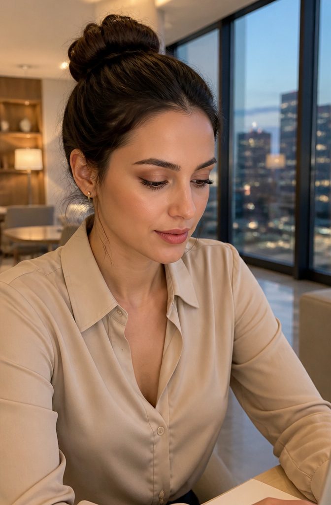 19 Unique Eyeshadow Looks and Styles for 2026 18 Model showcasing everyday eyes with soft taupe eyeshadow in an office.