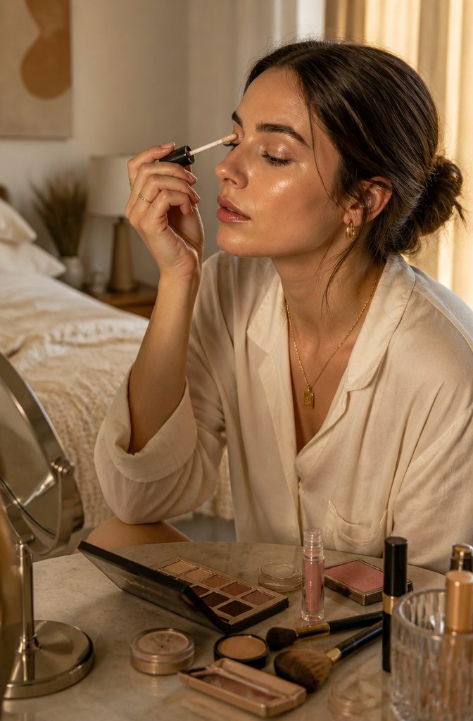 19 Unique Eyeshadow Looks and Styles for 2026 9 Model demonstrating a subtle eye gloss in a softly lit bedroom.