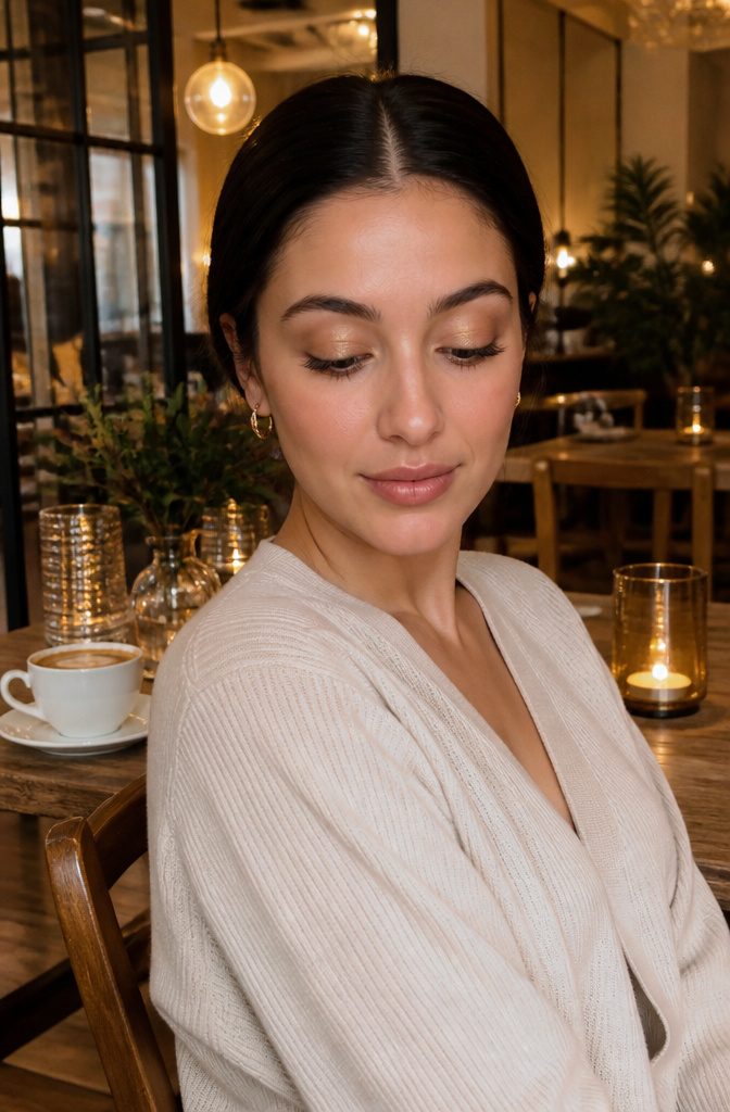 19 Unique Eyeshadow Looks and Styles for 2026 5 Model showcasing shimmery gold eyeshadow in a stylish café.