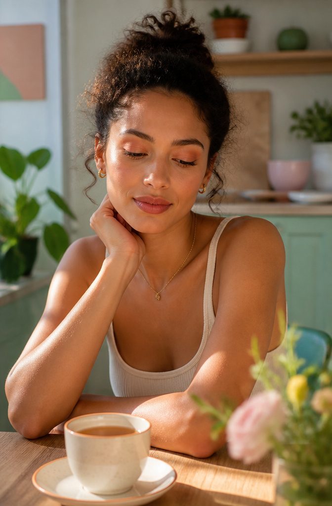 19 Unique Eyeshadow Looks and Styles for 2026 3 Model wearing soft peach eyeshadow in a pastel-colored kitchen.