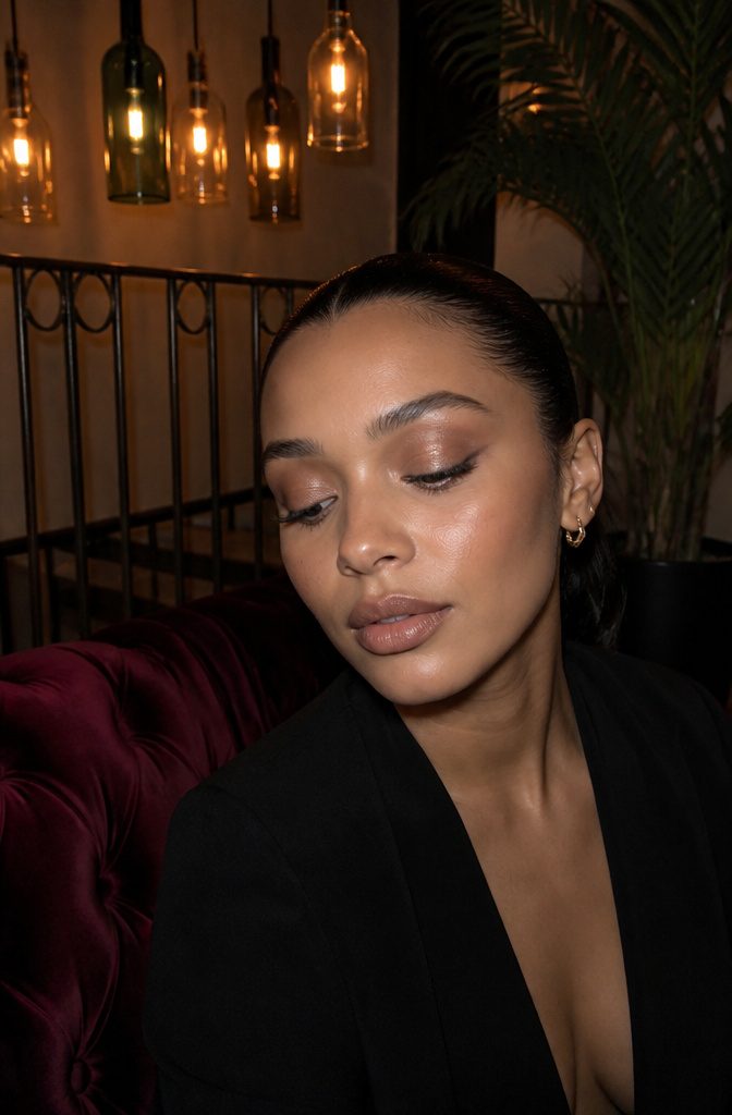 19 Unique Eyeshadow Looks and Styles for 2026 10 Model with light-brown shimmer on her eyelids in a dimly-lit lounge.