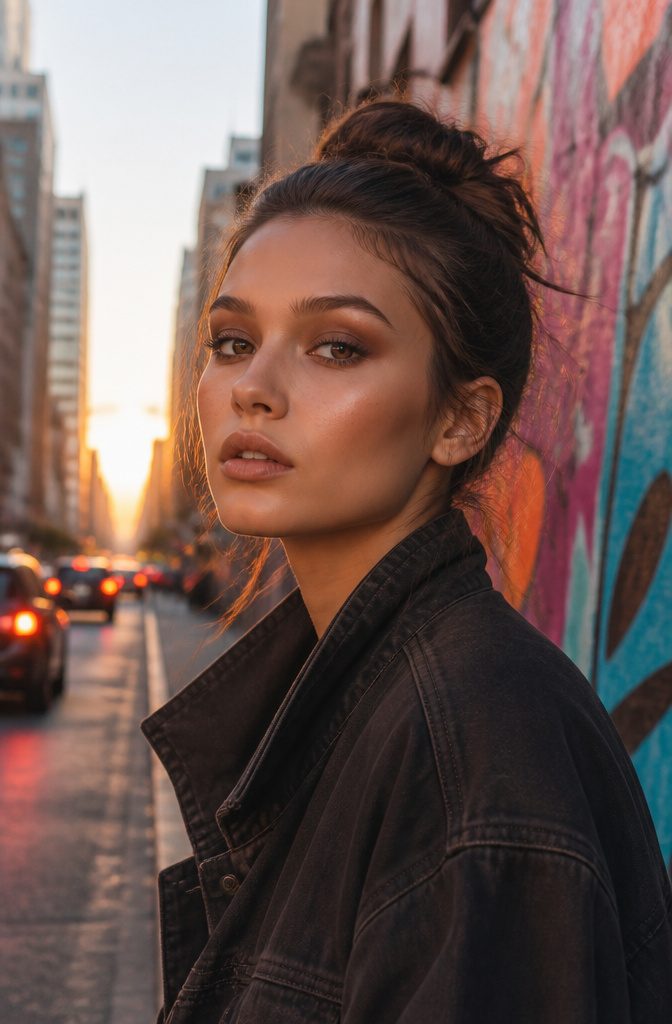 19 Unique Eyeshadow Looks and Styles for 2026 8 Model with a natural smoky eye set against a city skyline at sunset.