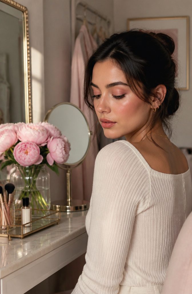 19 Unique Eyeshadow Looks and Styles for 2026 6 Model with soft pink eyeshadow in a pastel-colored dressing room.