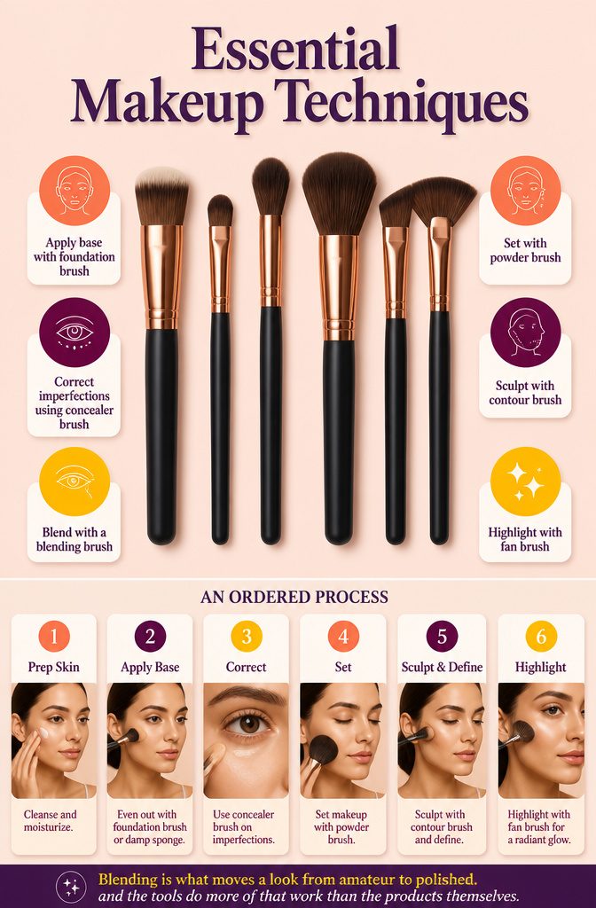 Unique Makeup Styles: 15 Looks, Types and Ideas for 2026 18 Graphic titled 'Essential Makeup Techniques' with tools and techniques.