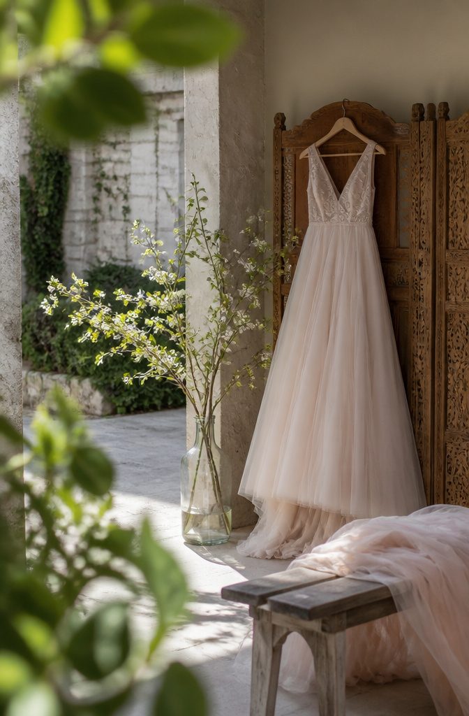 7 Ideas for Wedding Dresses Not White, From Blush to Black 3 Blush wedding gown hanging from a carved wooden screen beside flowering branches