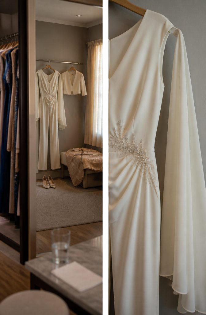 7 Ideas for Wedding Dresses Not White, From Blush to Black 8 Wedding jumpsuit with crystal embellishment strapless cut and draped fabric
