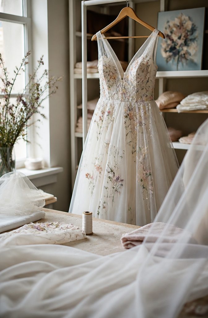 7 Ideas for Wedding Dresses Not White, From Blush to Black 7 Wedding gown with sheer chiffon overlays floral embroidery and colored beads