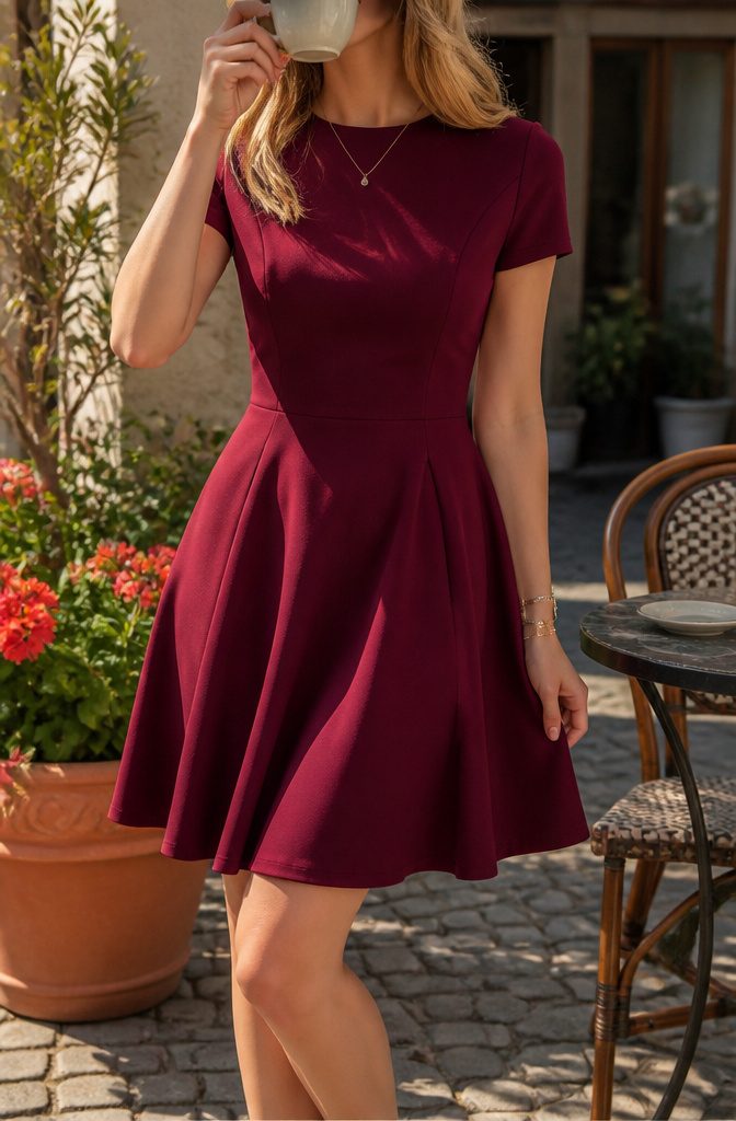 What Are Casual Dresses? 11 Types for Everyday Wear in 2026 10 A model in a fit and flare dress enjoying a café setting.