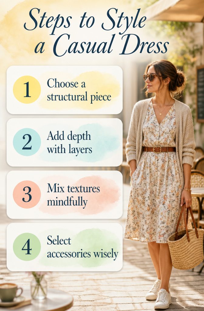 What Are Casual Dresses? 11 Types for Everyday Wear in 2026 14 An image depicting steps to style a casual dress.