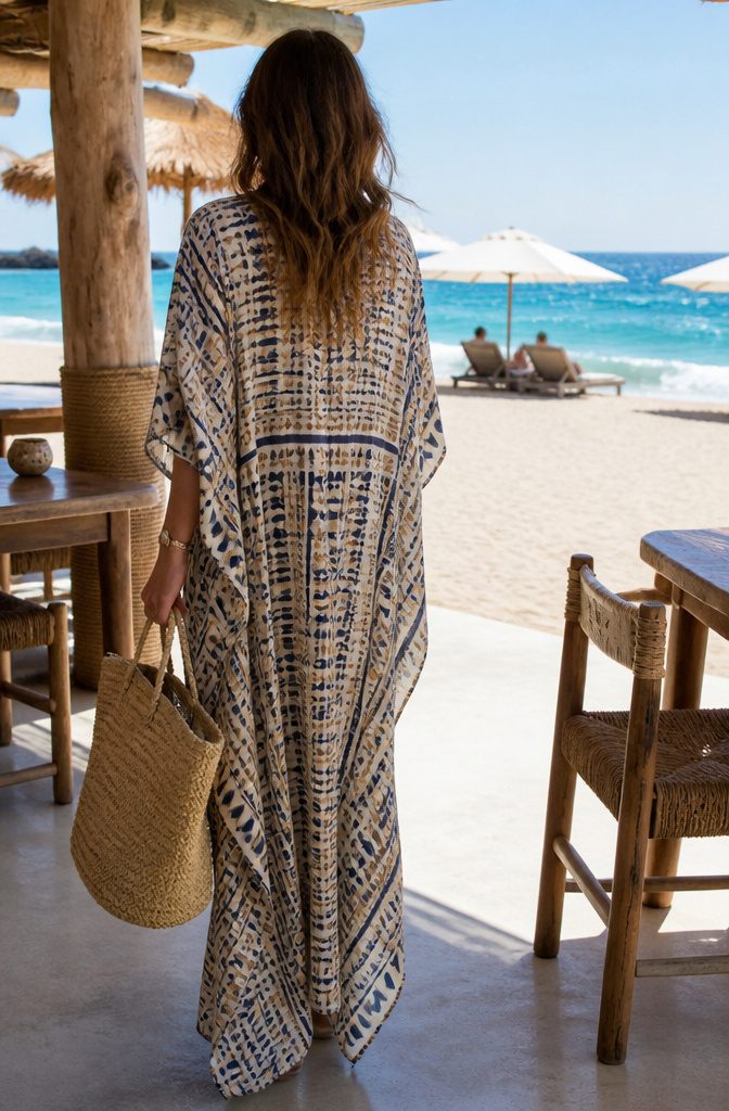 What Are Casual Dresses? 11 Types for Everyday Wear in 2026 8 A model wearing a kaftan at a café by the beach.