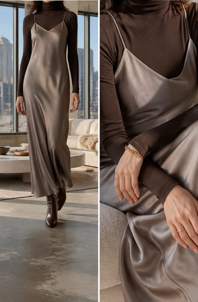 What Are Casual Dresses? 11 Types for Everyday Wear in 2026 6 A model wearing a slip dress with a turtleneck underneath.