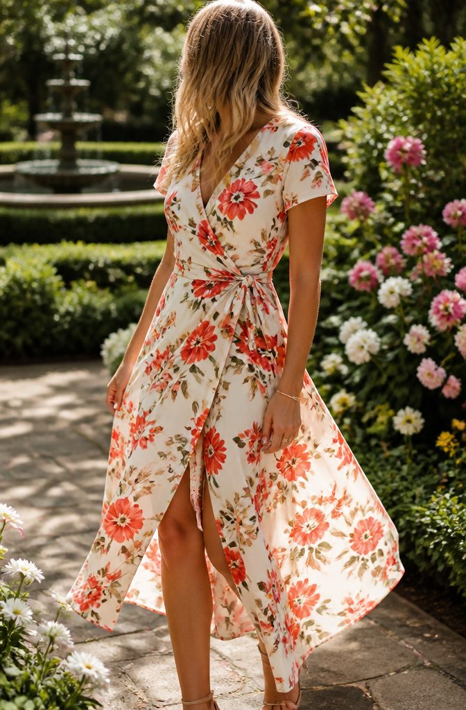What Are Casual Dresses? 11 Types for Everyday Wear in 2026 3 A model in a floral wrap dress posing in a garden.
