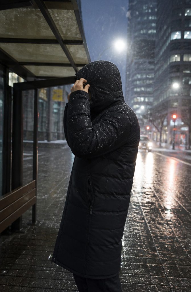 Warmest Winter Coats of 2026: 9 Styles for Extreme Cold 8 A model in the Arc'teryx Ralle Down Parka amidst falling snow.