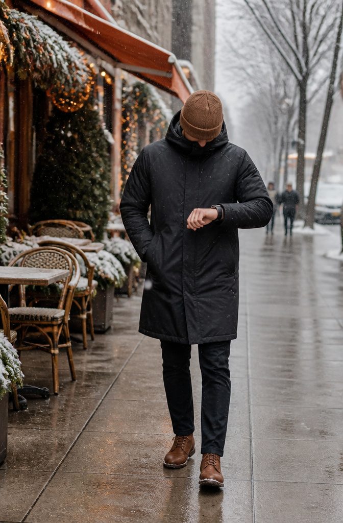 Warmest Winter Coats of 2026: 9 Styles for Extreme Cold 6 A model in the Patagonia Jackson Glacier coat walking on a city sidewalk.